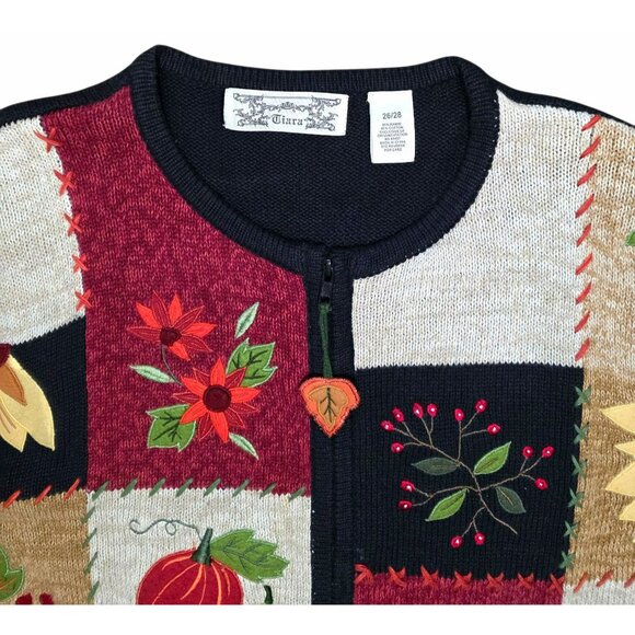 VTG Fall Patchwork Cardigan Sweater Zip Up Autumn Flowers Granny Core Plus 26/28 - Picture 4 of 10